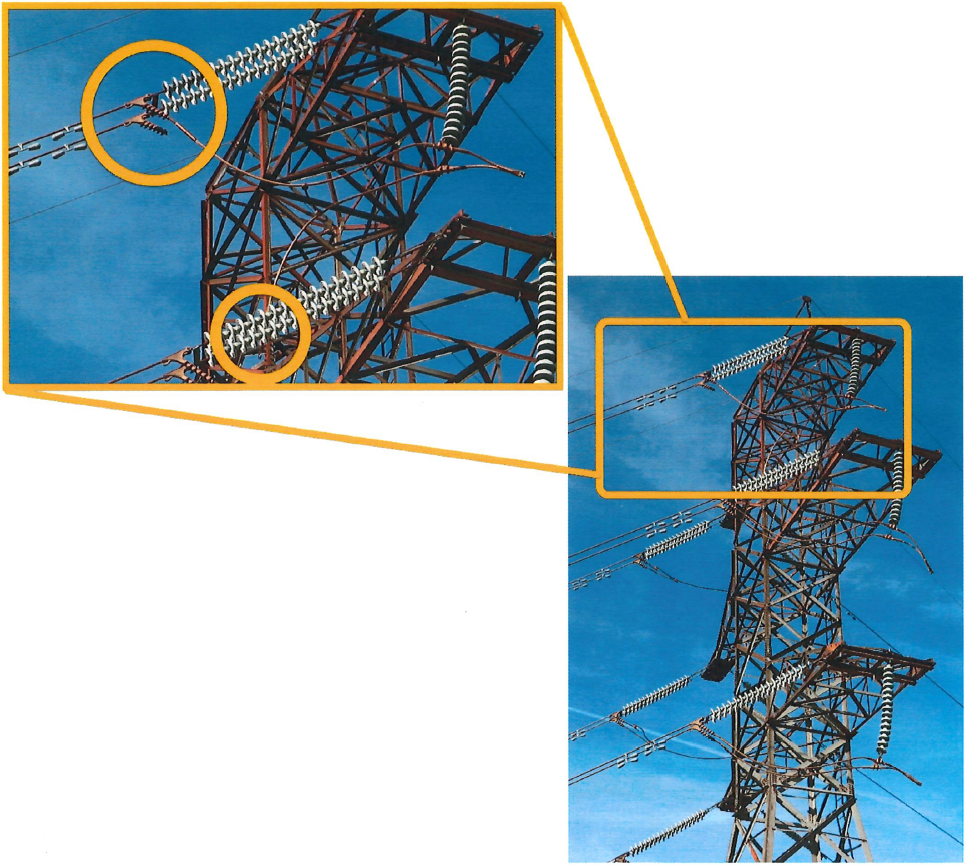 PG&E pylon with highlighted broken jumper cable 