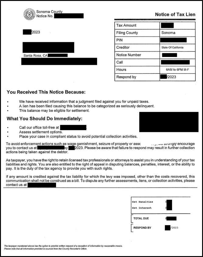 Notice of Tax Lien document with Sonoma County seal